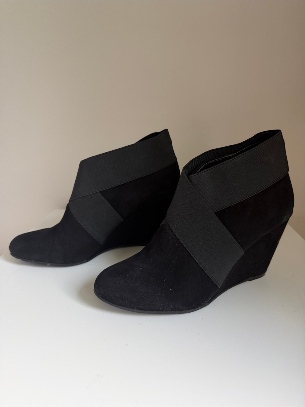 BCBG Black Suede Wedge Ankle Booties Elastic Crossover Strap Booties⁠